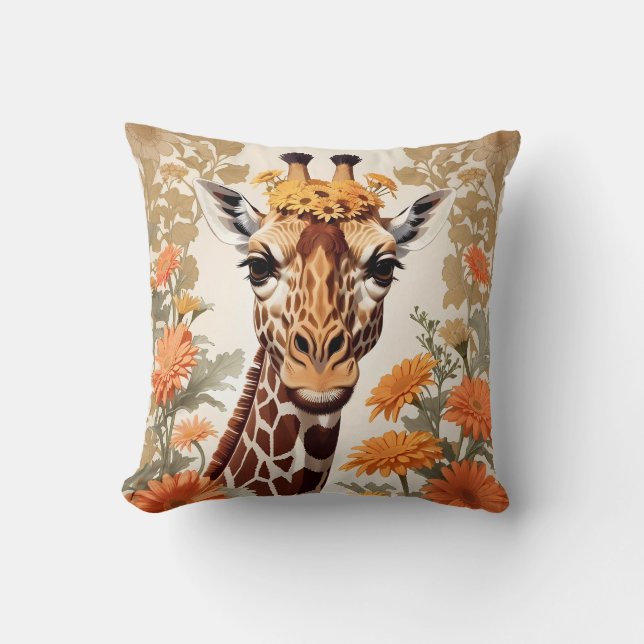 Beautiful Giraffe and Gerbera Daisy Flowers Throw Pillow (Front)