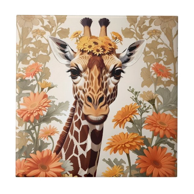 Beautiful Giraffe and Gerbera Daisy Flowers Tile (Front)