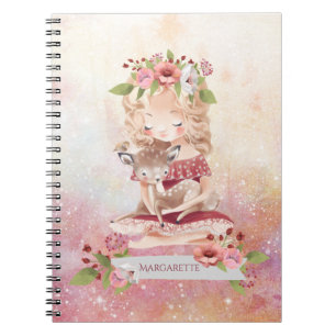 Beautiful Girl and Deer Lovely Illustration  Noteb Notebook
