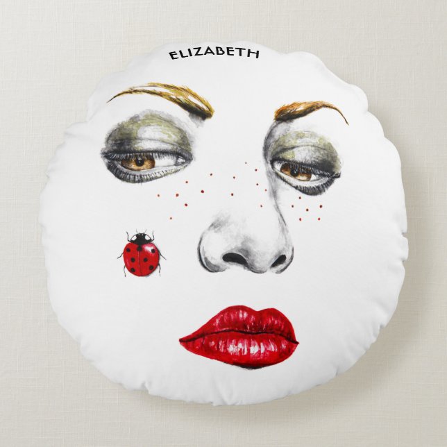 Beautiful Girl Face Drawing With Ladybug Round Pillow (Front)