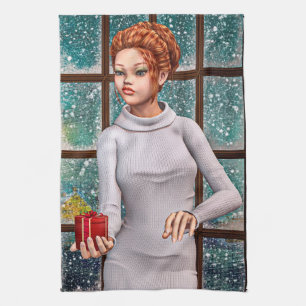 Beautiful Girl Holding a Christmas Gift Kitchen Towel