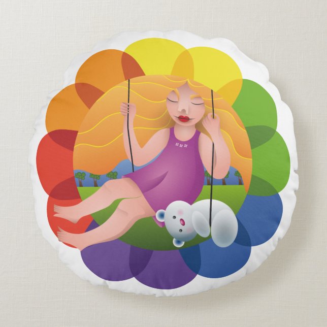 Beautiful girl in swing with its bear round pillow (Front)