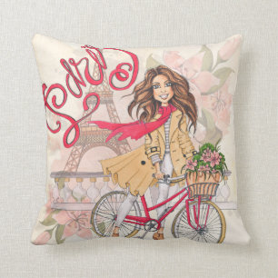 Beautiful Girl On A Bicycle In Paris Throw Pillow