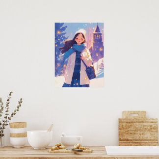 Beautiful Girl Walking on Winter Street Poster