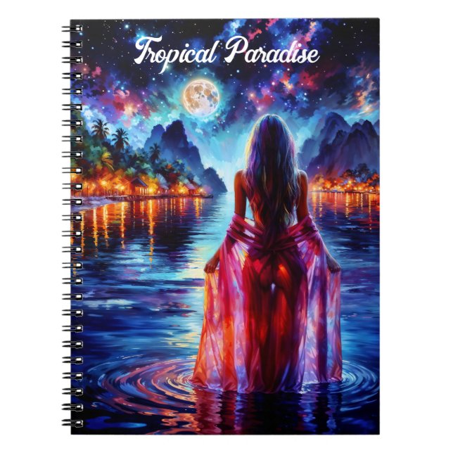 Beautiful girl watching glowing night water notebook (Front)