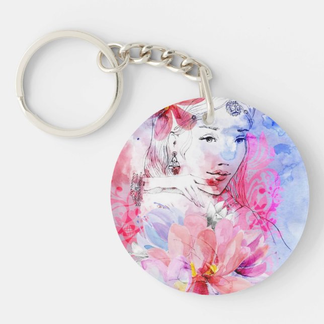 Beautiful girl with a bouquet of flowers keychain (Front)