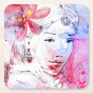 Beautiful girl with a bouquet of flowers square paper coaster