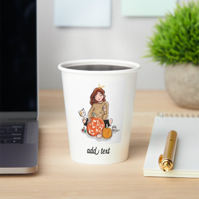 Beautiful Girl with Brown Hair Colouring Pumpkins Paper Cups (Insitu)