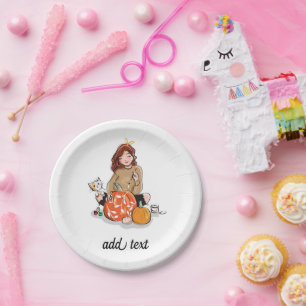 Beautiful Girl with Brown Hair Colouring Pumpkins Paper Plate