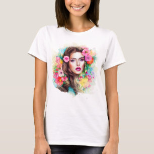 Beautiful Girl With Pink Rose Flowers White T-Shirt