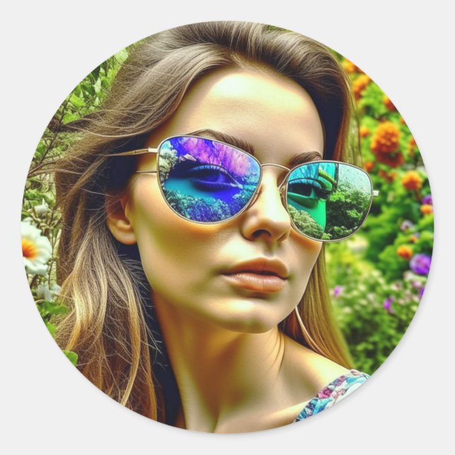 Beautiful Girl with Sunglasses Reflection Flowers Classic Round Sticker (Front)