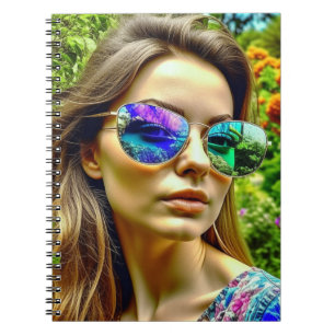 Beautiful Girl with Sunglasses Reflection Flowers Notebook