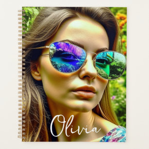 Beautiful Girl with Sunglasses Reflection Flowers Planner
