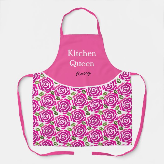 Beautiful Girly Hot Pink Magenta Roses Custom Name Apron (Front)