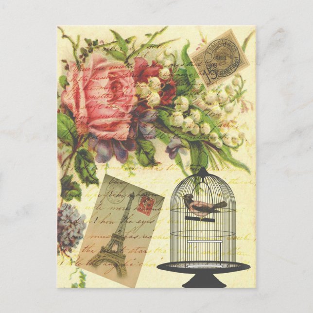 Beautiful girly vintage roses flowers Eiffel Tower Postcard (Front)
