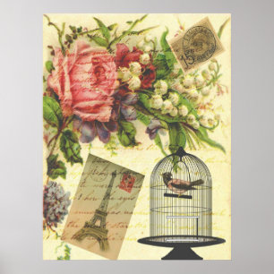Beautiful girly vintage roses flowers Eiffel Tower Poster