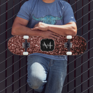 Beautiful Glam Brown Red Glitter sparkles Monogram Skateboard