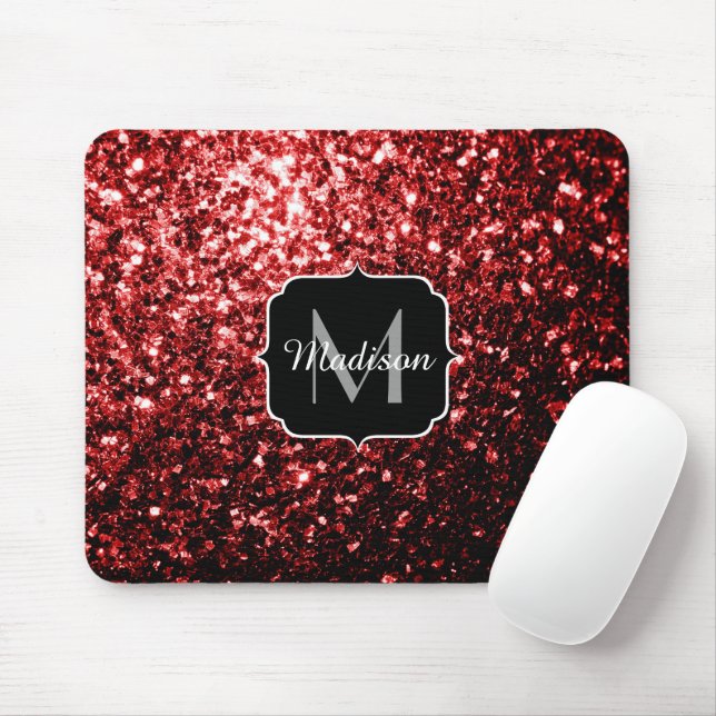 Beautiful Glamour Red Glitter sparkles Monogram Mouse Pad (With Mouse)