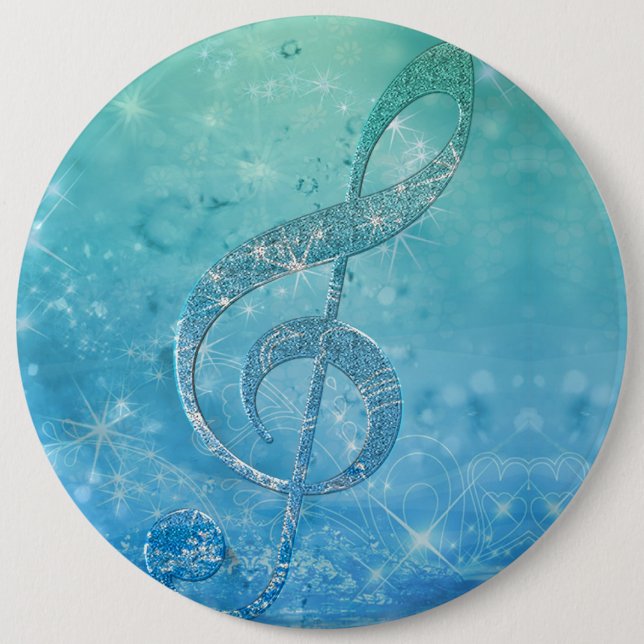 Beautiful Glittery Blue Music Note Treble Clef 6 Inch Round Button (Front)