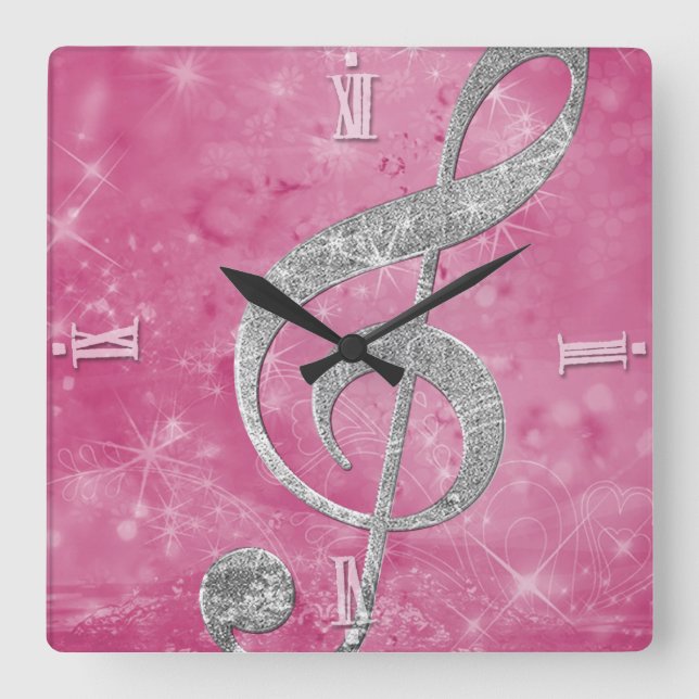 Beautiful glittery effect silver treble clef square wall clock (Front)