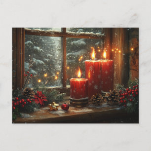 Beautiful Glowing Red Candles Pine Cones Berries Postcard