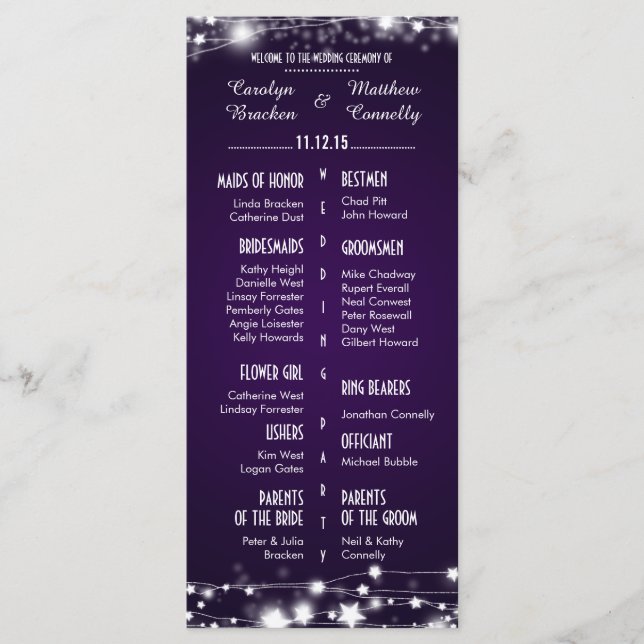Beautiful Glowing Stars Purple Wedding Program (Front)