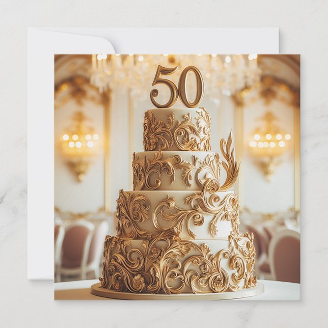 BEAUTIFUL GOLD 50TH WEDDING ANNIVERSARY CAKE  INVITATION (Front)