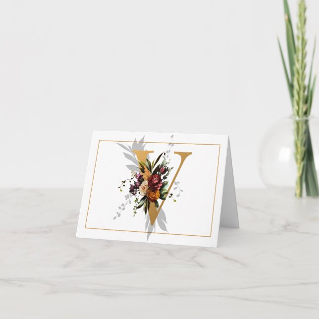 BEAUTIFUL GOLD AND FLORAL MONOGRAM V NOTE CARD (Front)