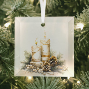 Beautiful Gold and White Christmas Candles Design  Glass Ornament