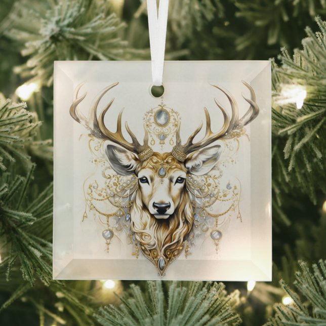 Beautiful Gold and White Christmas Deer Designs  Glass Ornament (Insitu)