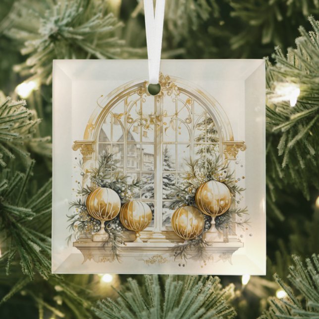 Beautiful Gold and White Christmas Designs  Glass Ornament (Insitu)