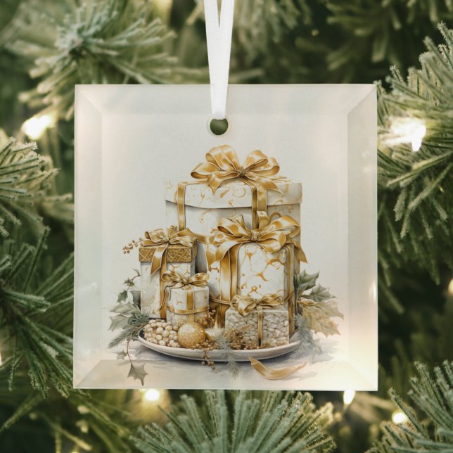 Beautiful Gold and White Christmas Present Design  Glass Ornament (Insitu)
