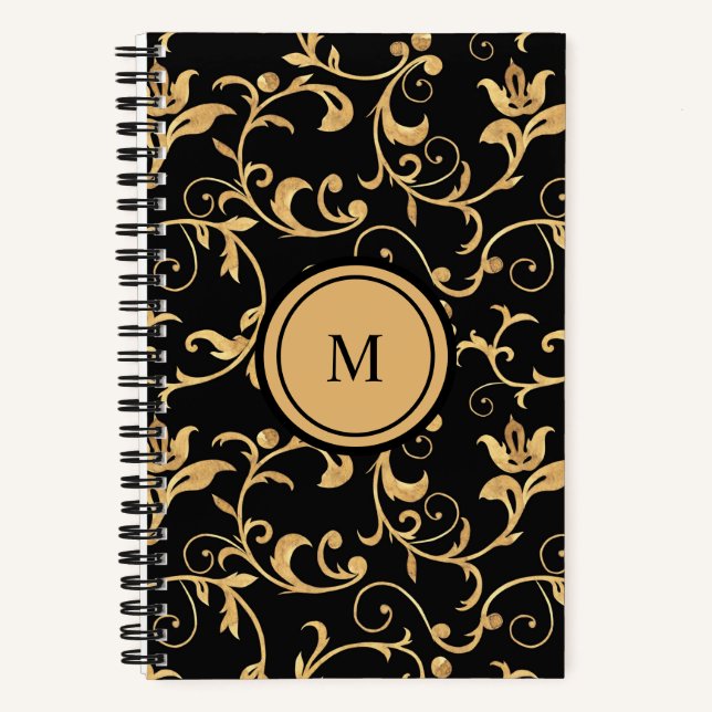Beautiful Gold Black Royal Damask Spiral Notebook (Front)