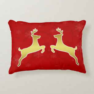 Beautiful Gold Deer  Elegant Ornate Red Christmas Accent Pillow