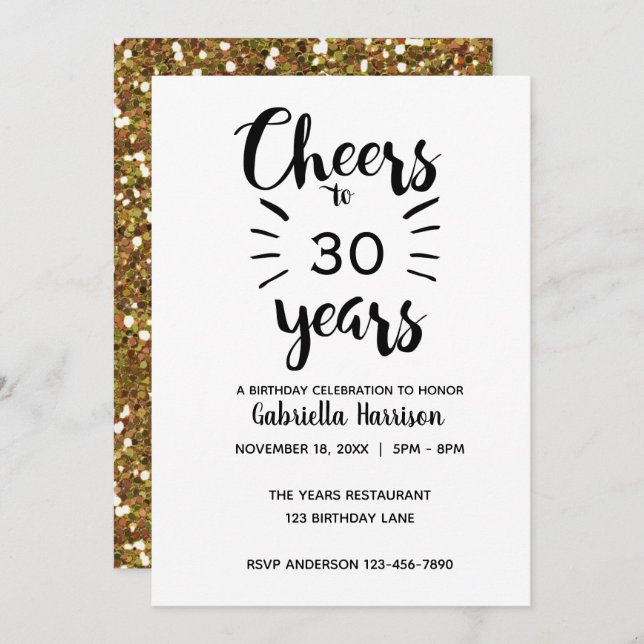 Beautiful Gold Glitter Cheers to 30 Years Invitation (Front/Back)