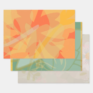 Beautiful Gold Green Pink Orange Floral Pattern Wrapping Paper Sheet