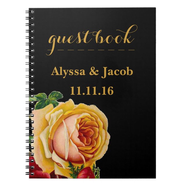 Beautiful Gold & Red Roses Black Wedding Notebook (Front)
