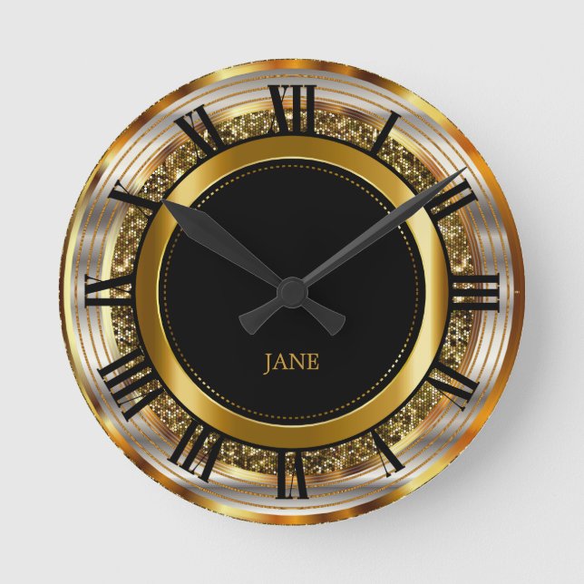 Beautiful Gold, Silver and Black Design Round Clock (Front)