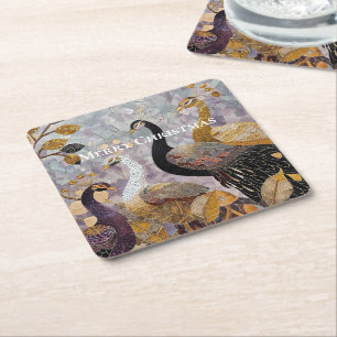 Beautiful Gold White Peacocks Christmas Square Paper Coaster