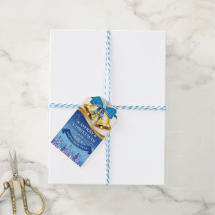 Beautiful Golden Christmas Bells with Blue Bow Gift Tags
