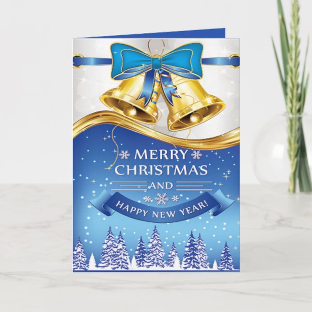 Beautiful Golden Christmas Bells with Blue Bow Holiday Card (Front)