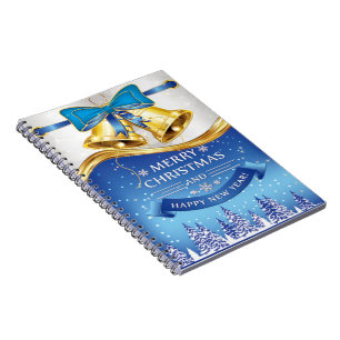 Beautiful Golden Christmas Bells with Blue Bow Notebook
