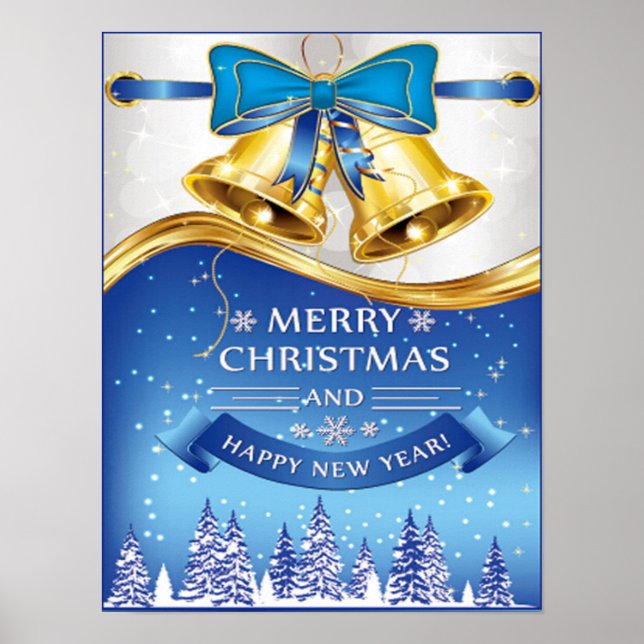 Beautiful Golden Christmas Bells with Blue Bow Poster (Front)