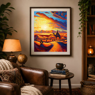 Beautiful Golden Hour Desert Sunset & Camels Poster