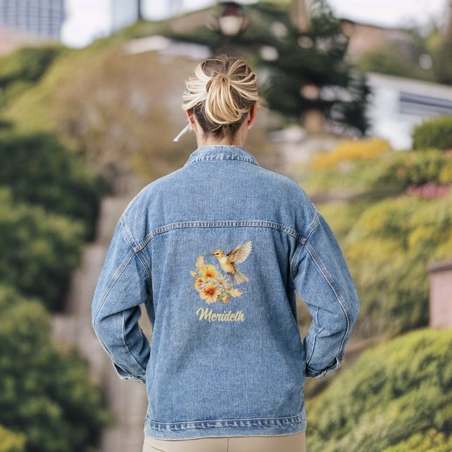 Beautiful Golden Hummingbird and Flower with Name Denim Jacket (Creator Uploaded)