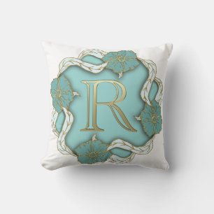 Beautiful Golden Look Initial R Blue Floral Throw Pillow
