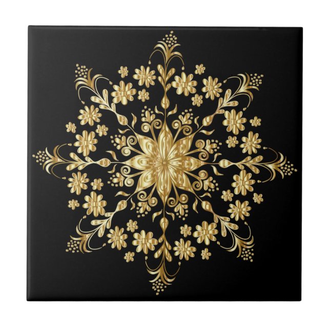 Beautiful Golden Mandala Pattern  Elegant Black Tile (Front)