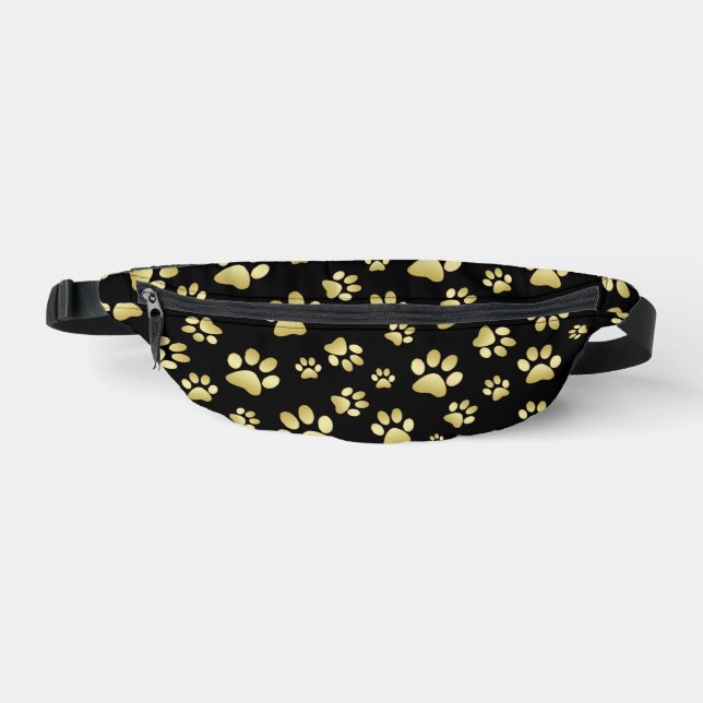Beautiful Golden Paws Prints on Black Background  Fanny Pack (Front)