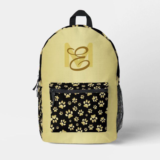 Beautiful Golden Paws Prints on Black Background  Printed Backpack (Front)
