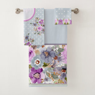 Beautiful golden purple floral on grey polka dot bath towel set